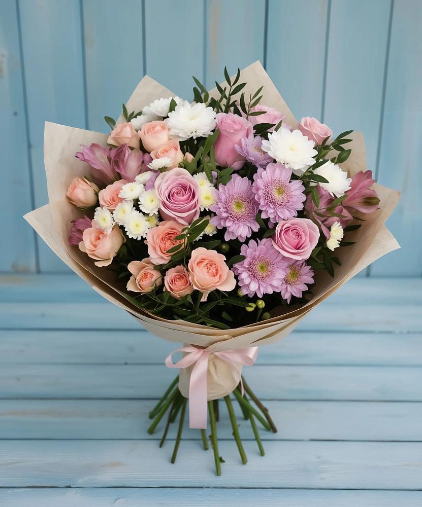 Букет цветов из: Хризантемы, Розы и Альстромерии в Омсукчан