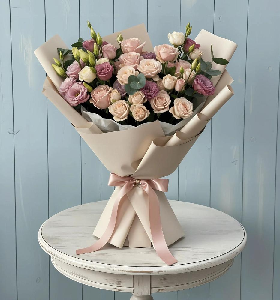 Букет цветов из: Розы и Лизиантусы в Омсукчан