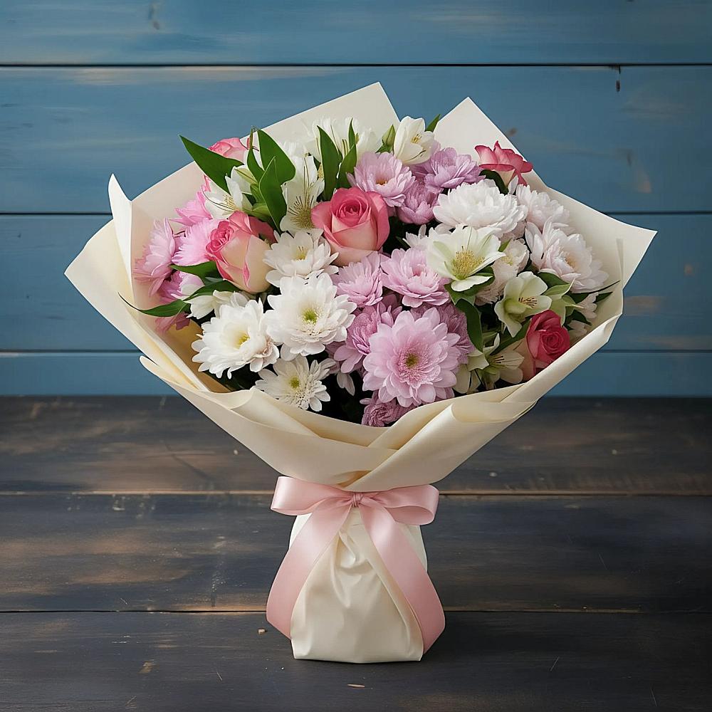 Букет цветов из: Хризантемы, Альстромерии и Розы в Омсукчан